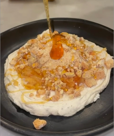 Baked Autumn Quince with Goats Cheese Cream and Biscotti Crumble